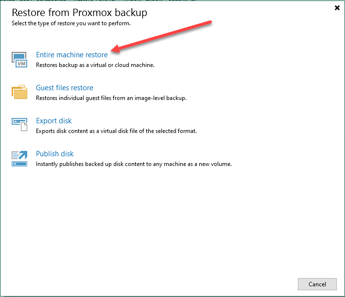 Entire machine restore from a proxmox backup