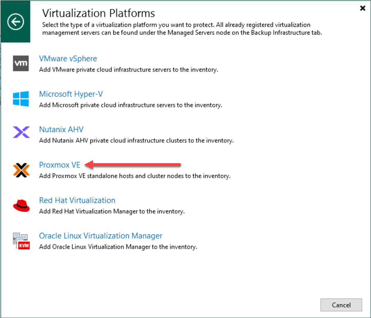 Now we see the option for proxmox ve server that we can add in veeam 12.2