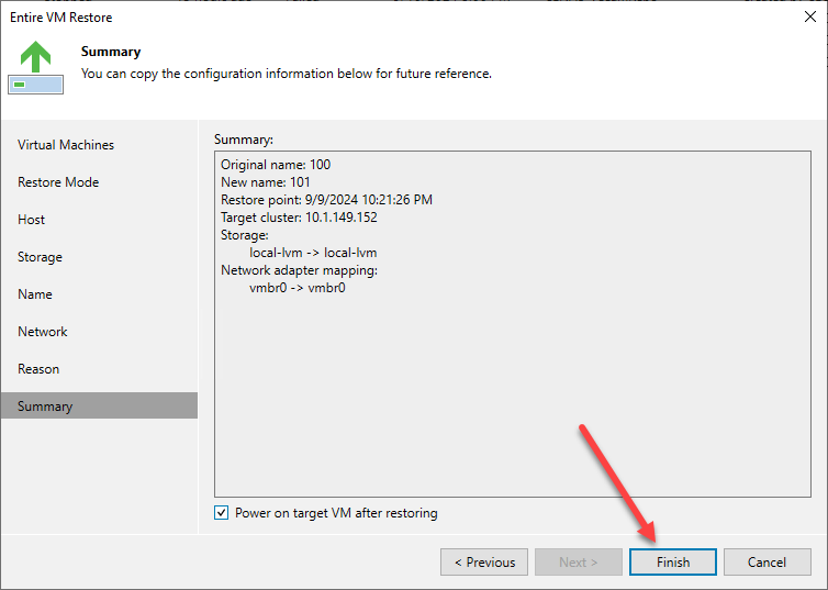 Review the summary of the proxmox virtual machine restore
