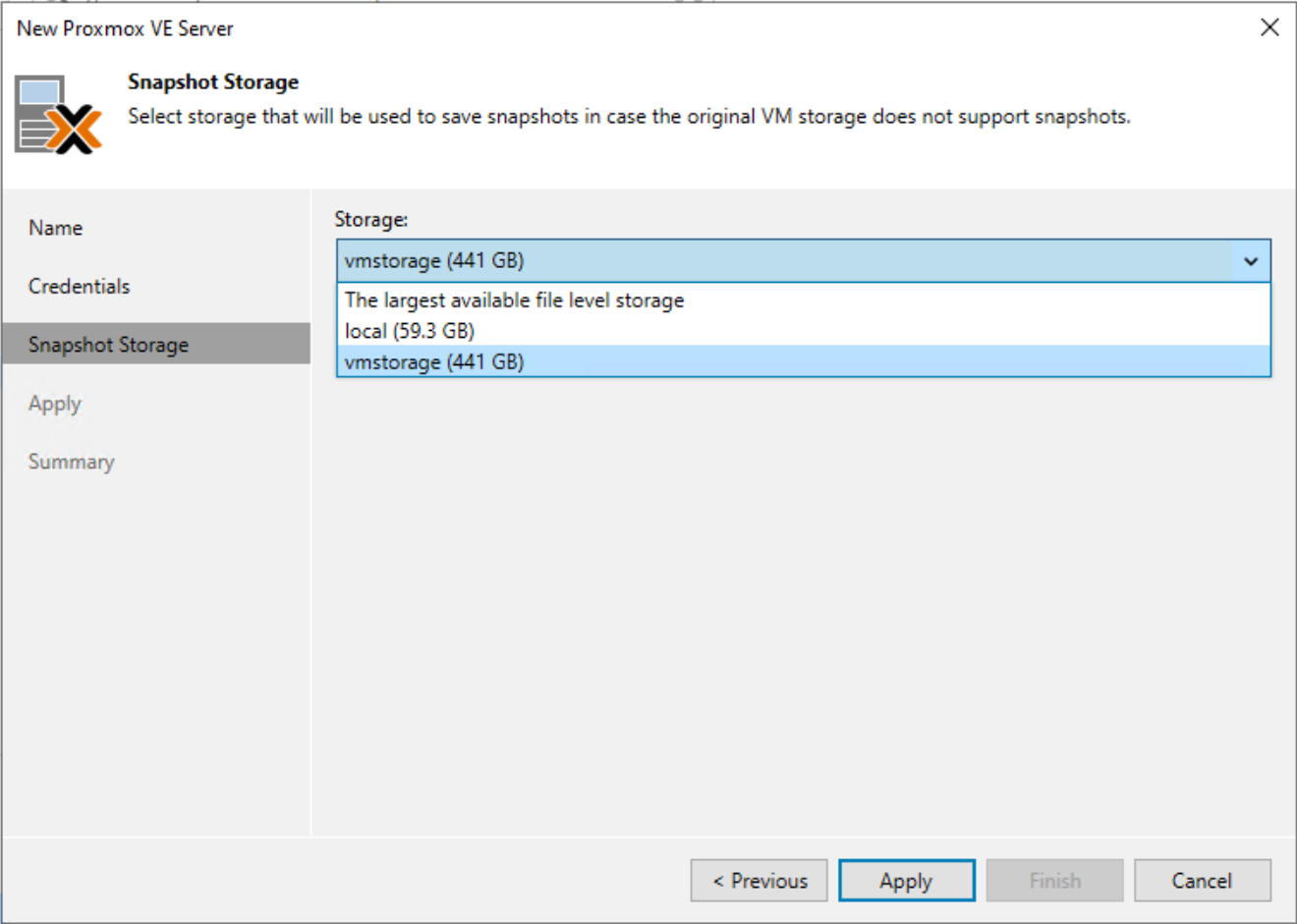 Select your snapshot storage for backing up proxmox virtual machines