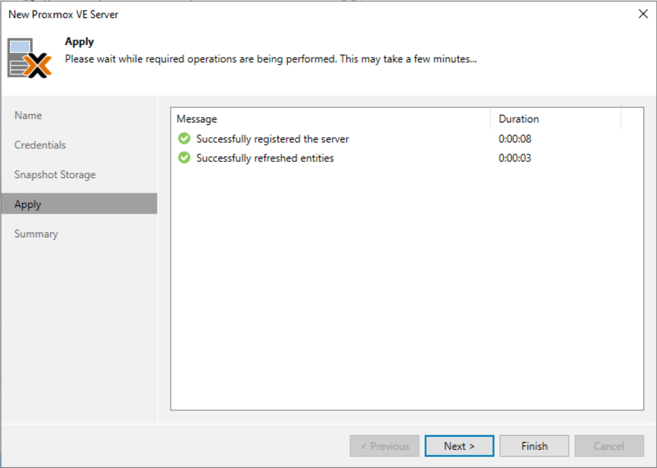 The operations will be registered and finalized to add your proxmox server to veeam