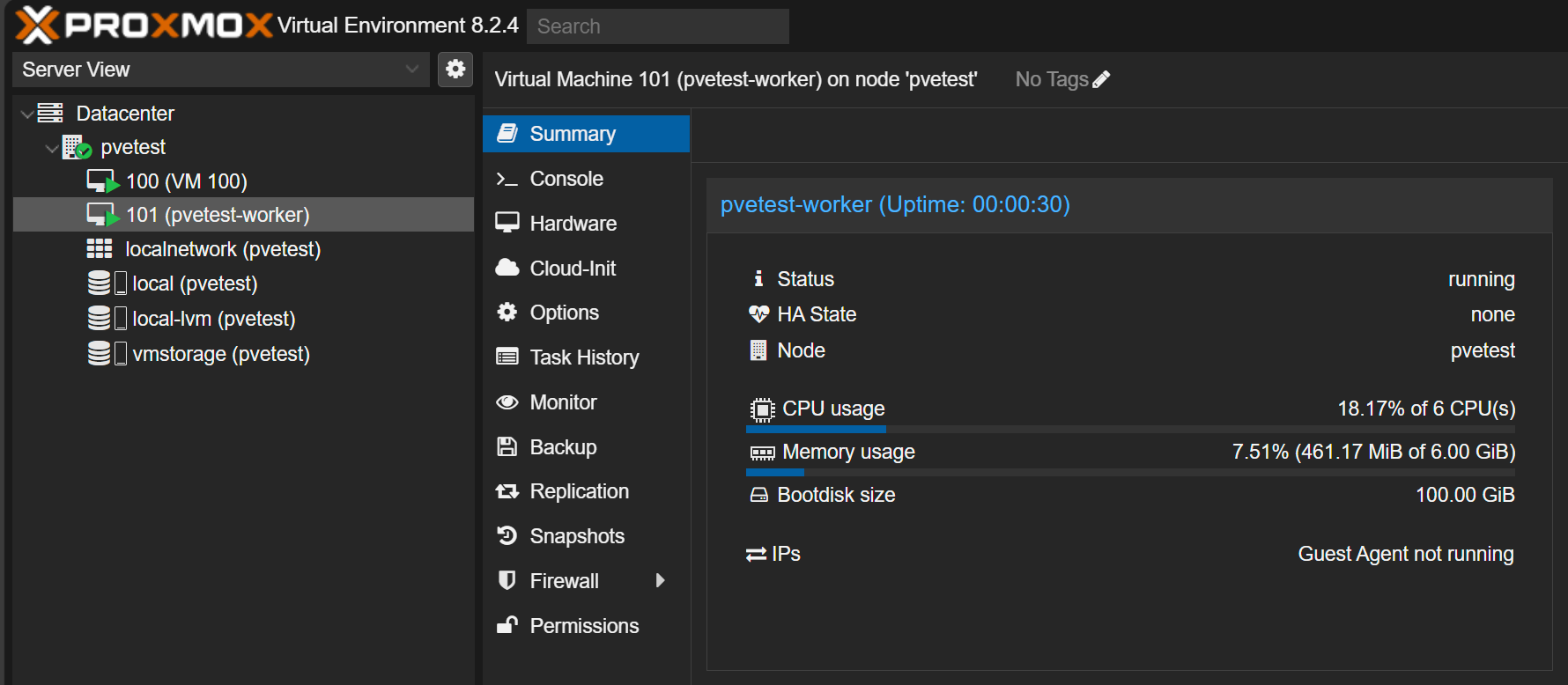 The proxmox ve server worker node is deployed in proxmox as a virtual machine