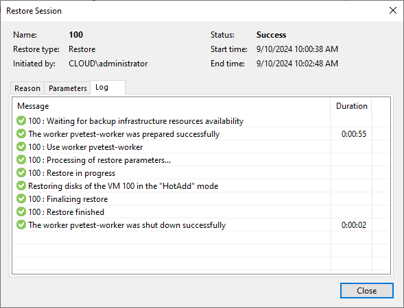 The restore of the proxmox backup completes successfully