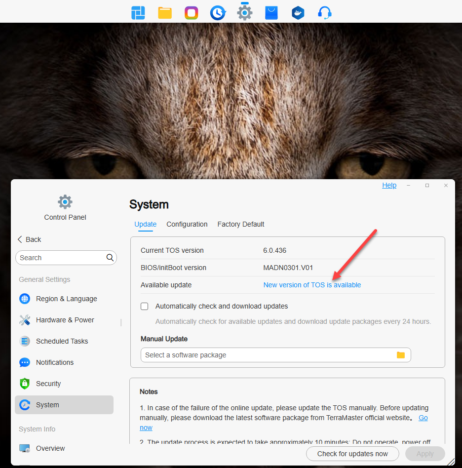 Viewing available updates in terramaster tos 6 operating system