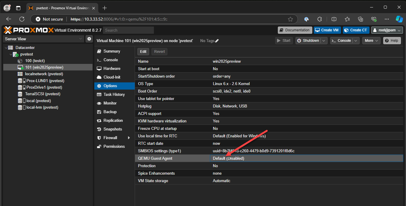 Viewing the qemu agent status in the properties of a virtual machine