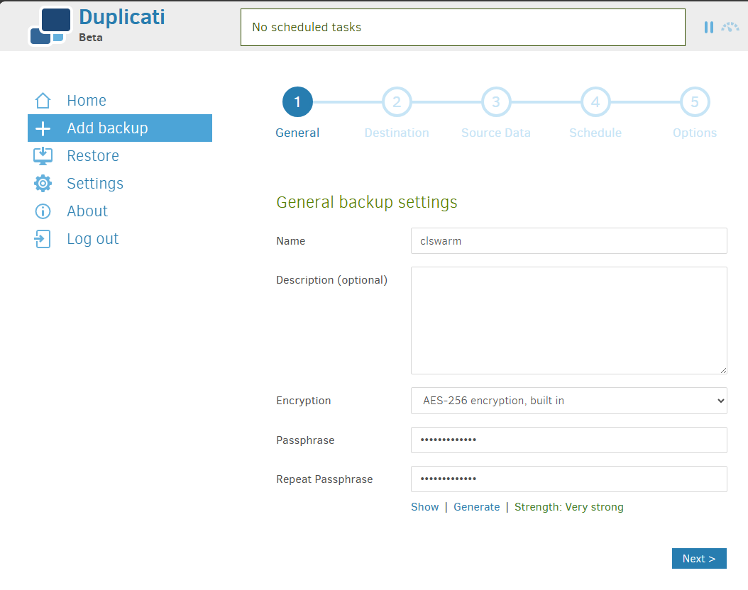 Beginning the process to add a new backup job in duplicati