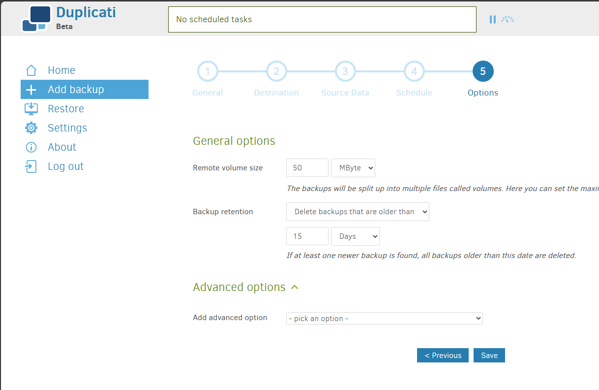 Configuring duplicati backup options including backup retention