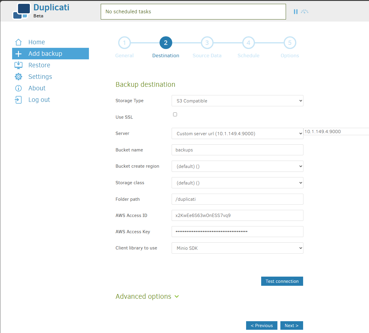 Configuring the destination of the duplicati backups