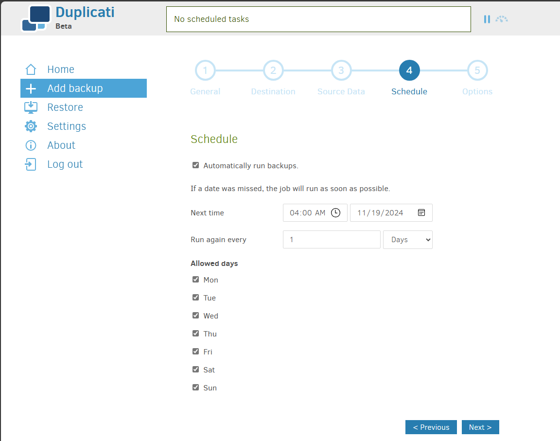 Configuring the duplicati schedule