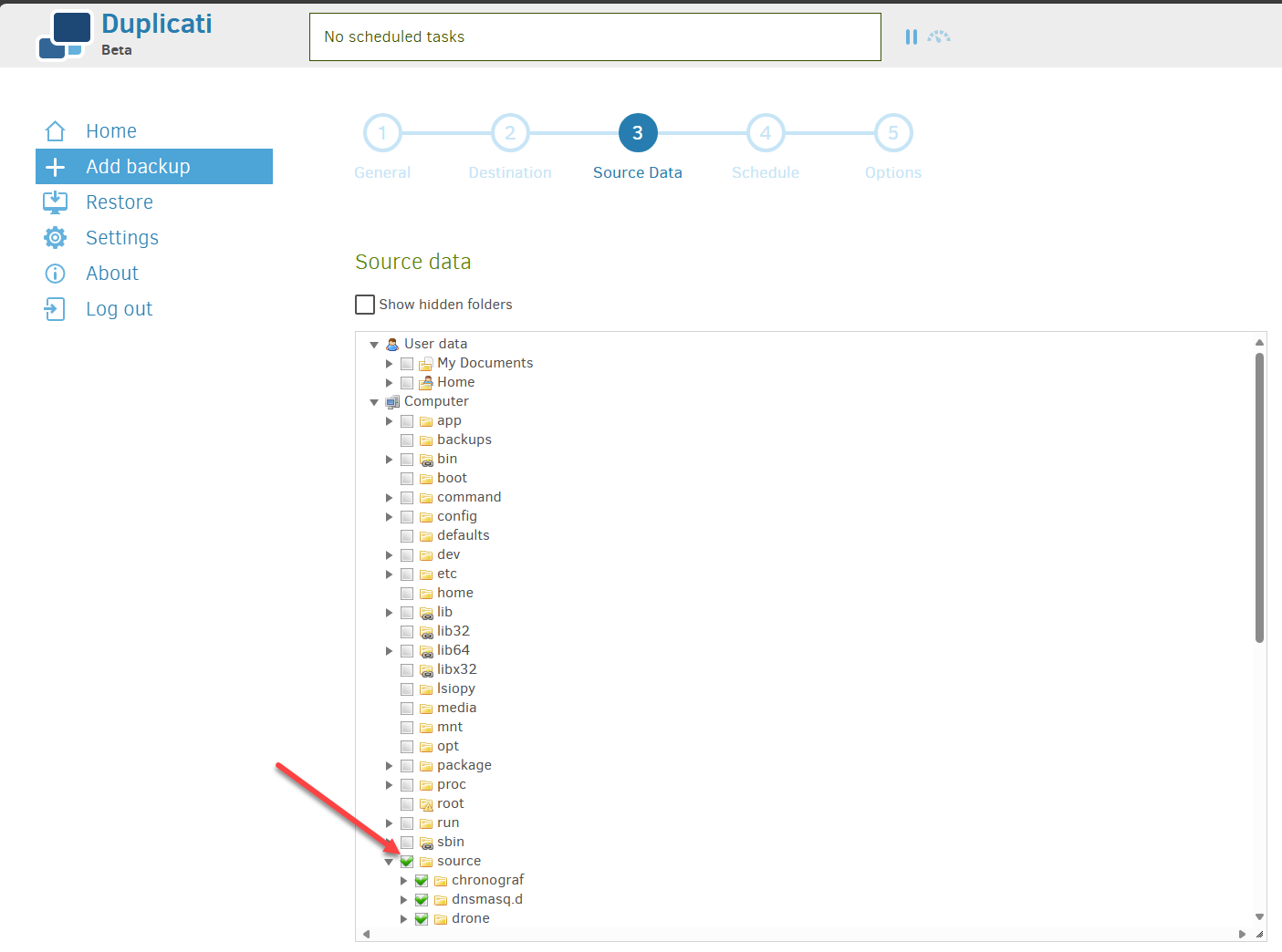 Selecting the source of the backups in duplicati