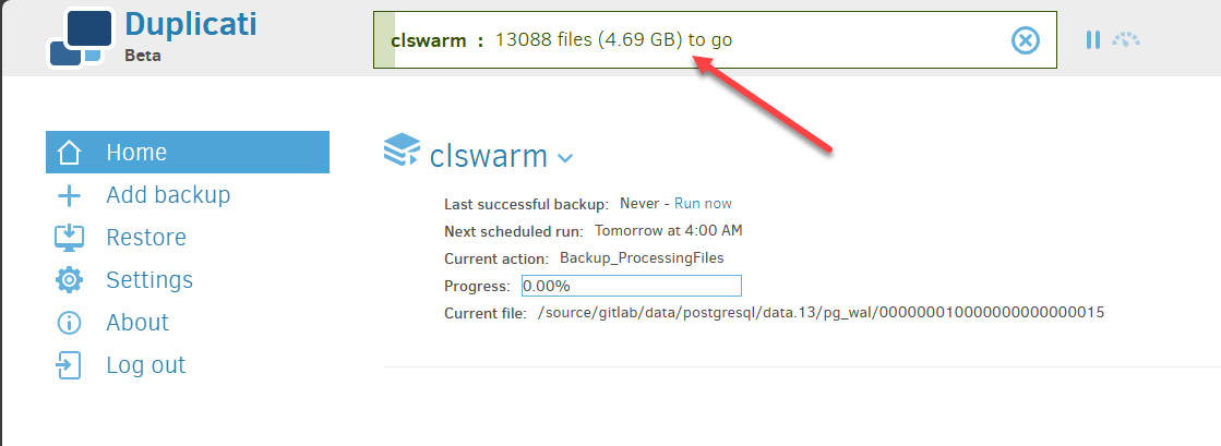 The duplicati backup is running for docker data