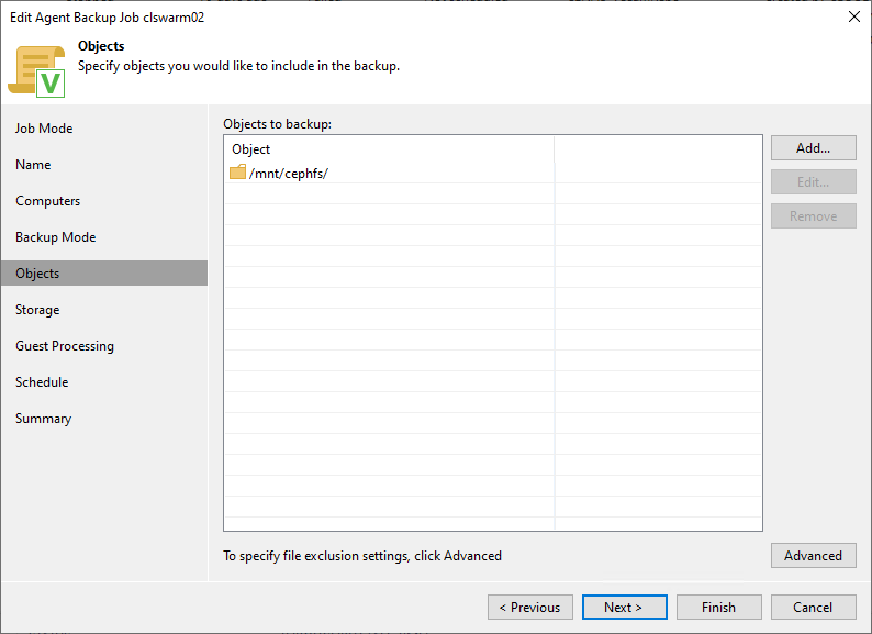 Veeam agent backup of a docker container volume on a docker swarm host