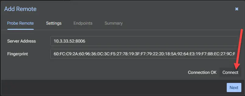Entering the server address and fingerprint