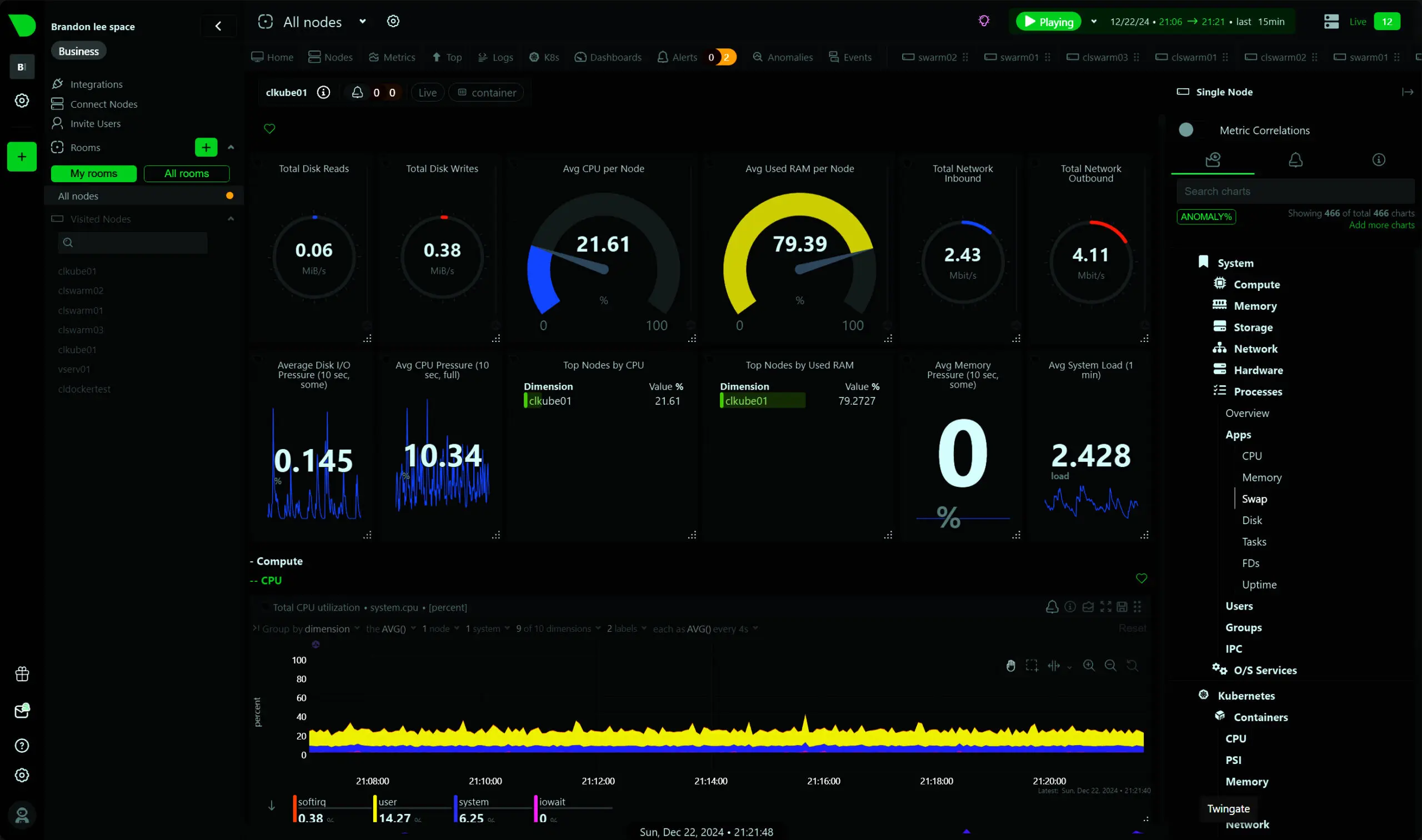 Overview of a kubernetes node in netdata