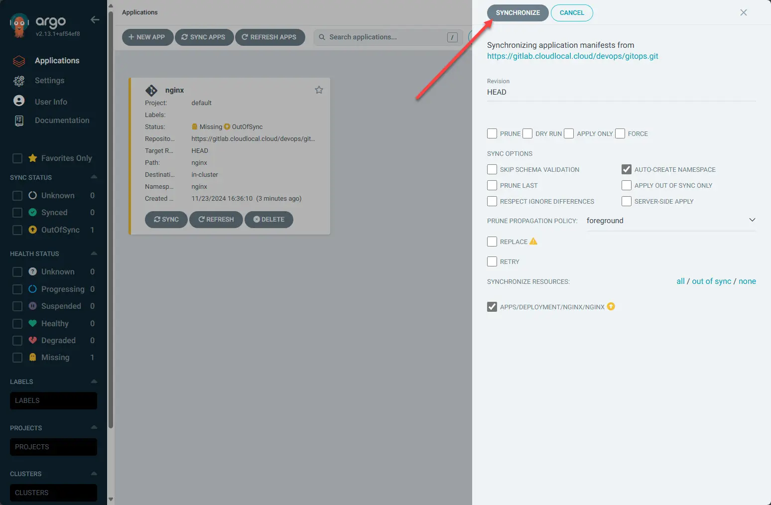 Synchronizing your application using argocd
