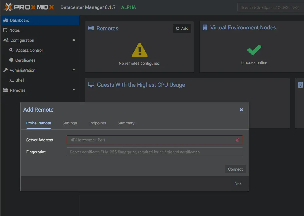 Viewing the add remote dialog box in proxmox datacenter manager