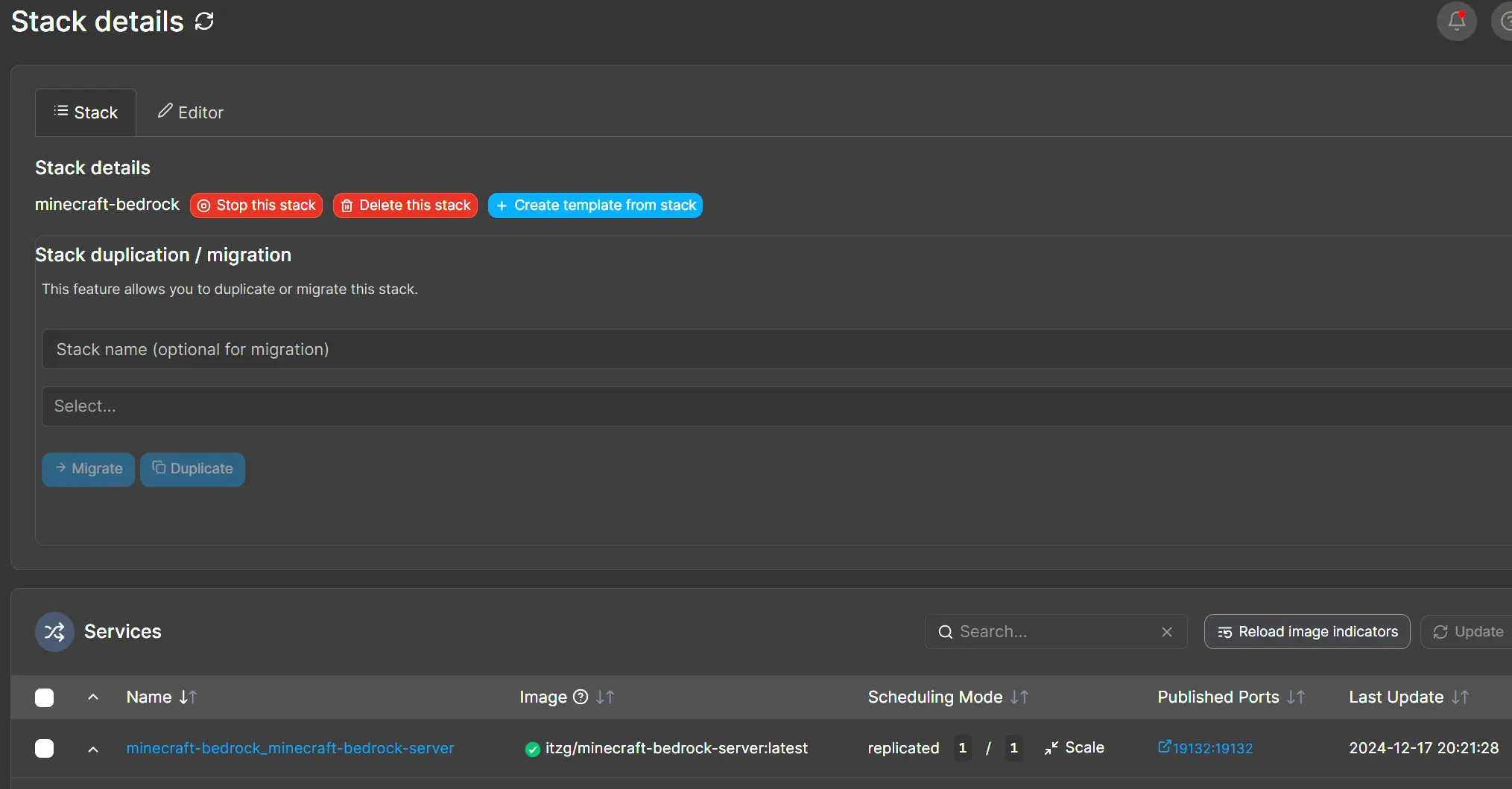 Viewing the docker minecraft server stack in portainer