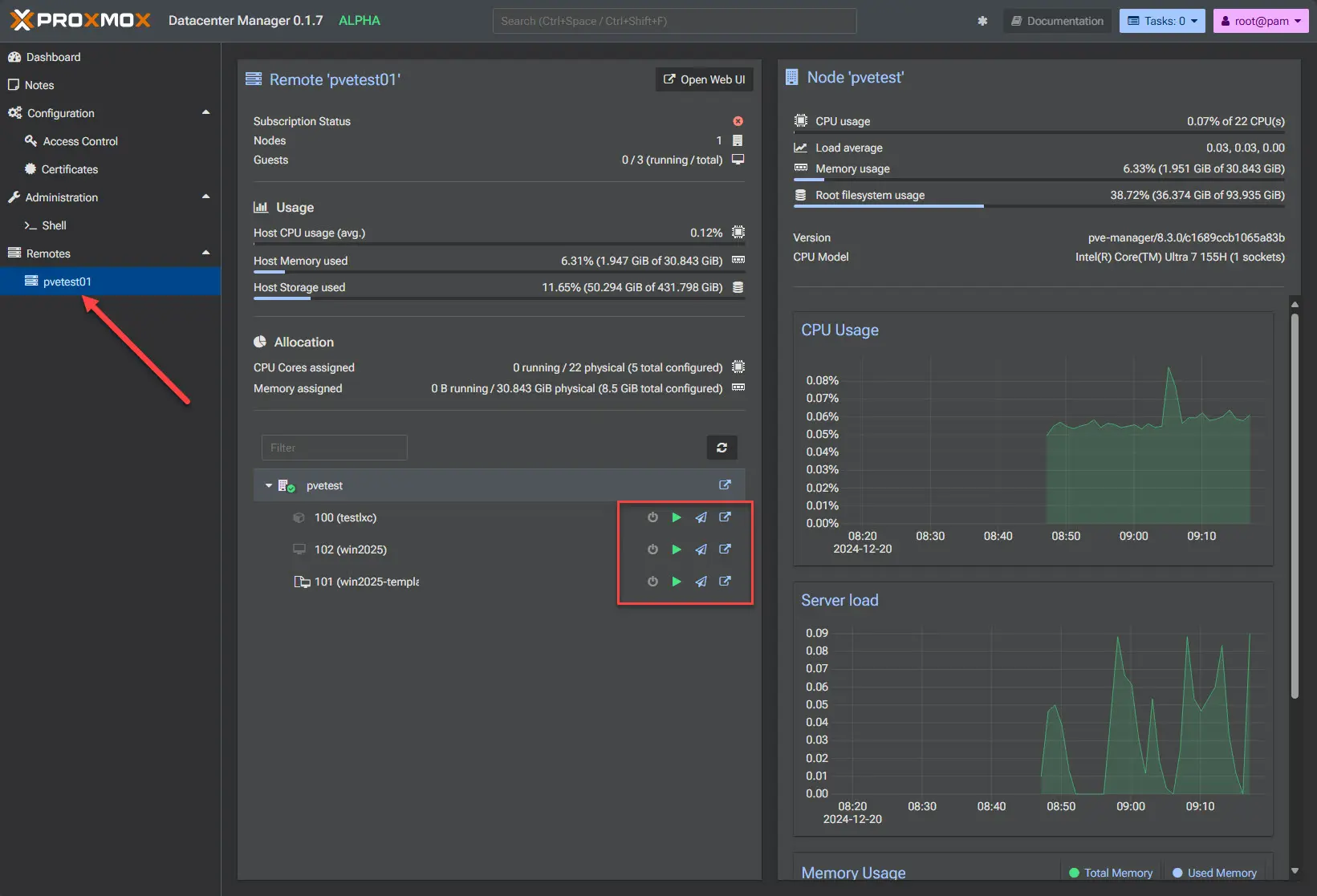 Viewing the remote proxmox node and virtual machine actions