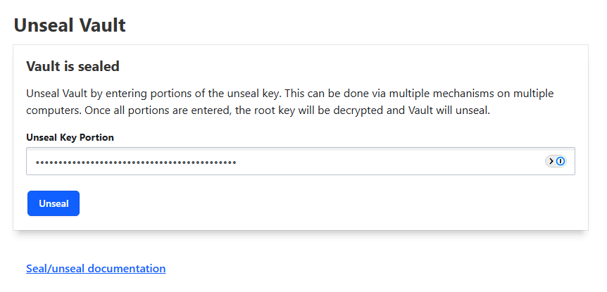 Enter the unseal keys to unseal the vault instance