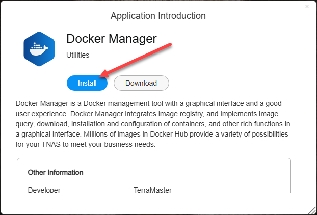 Click to install docker manager in terramaster tos 6
