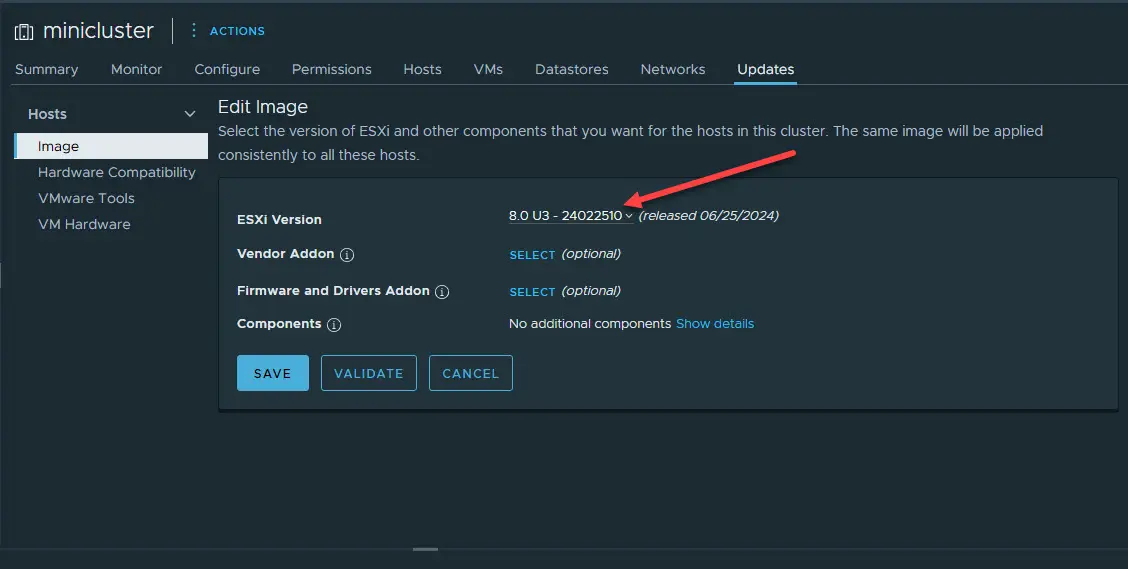 Click the esxi version to configure a new version for the lifecycle image