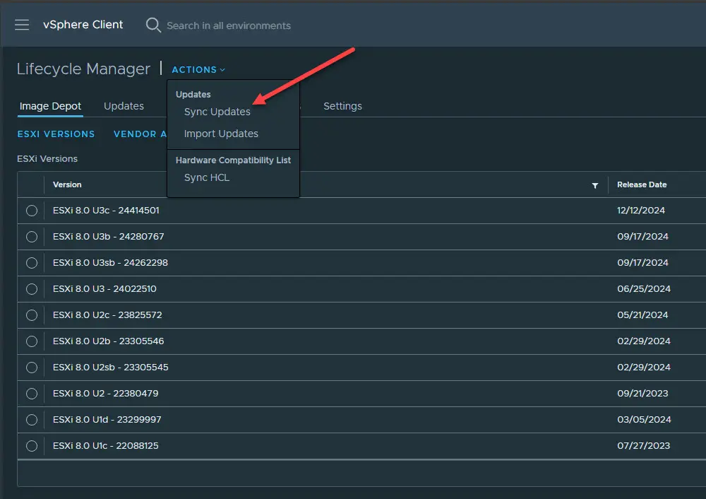 Syncing updates in vcenter server