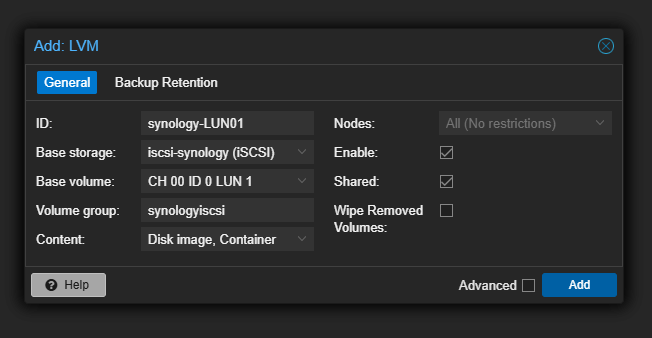 Adding your lvm group on your iscsi lun