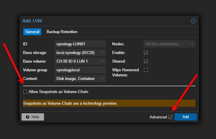 Checking advanced and enabling snapshots as volume chains on proxmox 9 iscsi