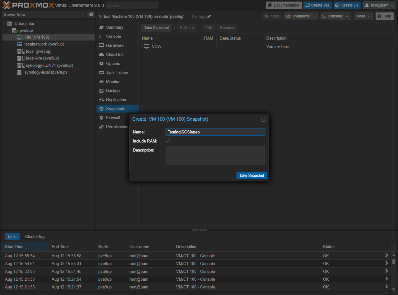Name the snapshot choose memory options and click the take snapshot button