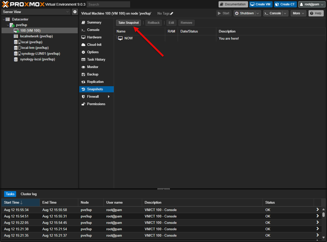 Taking a new snapshot on a proxmox ve 9 virtual machine on an iscsi lun