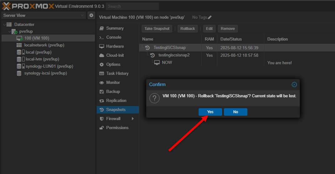 Testing snapshot rollback in proxmox 9 volume chain snapshots on iscsi