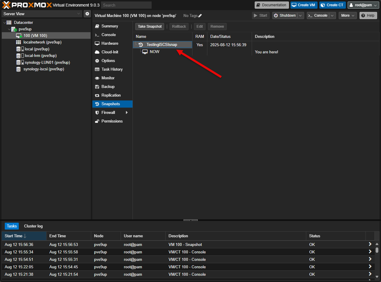 The snapshot volume chain snapshot creates successfully on an iscsi lvm lun