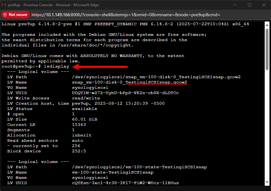Using lvdisplay to view the snapshots as volume chains