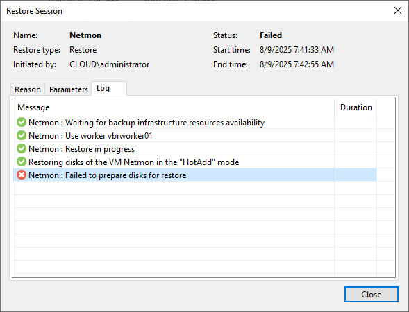 Veeam error restoring vmware disks to a proxmox host