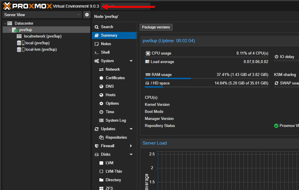Verifying the new proxmox ve server version in the proxmox web ui