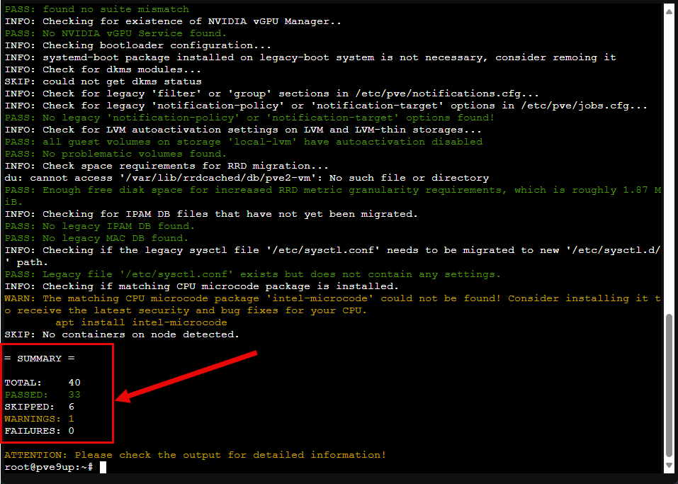 Viewing the results of the pve8to9 proxmox 8 to 9 check script