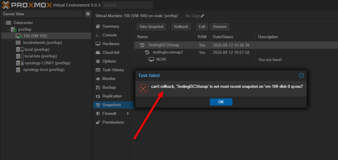 You can't rollback to a snapshot that is not the most recent