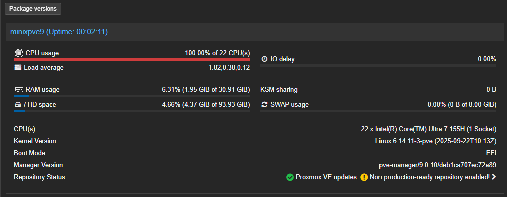 100 percent cpu usage in proxmox with the s tui and stress utility running