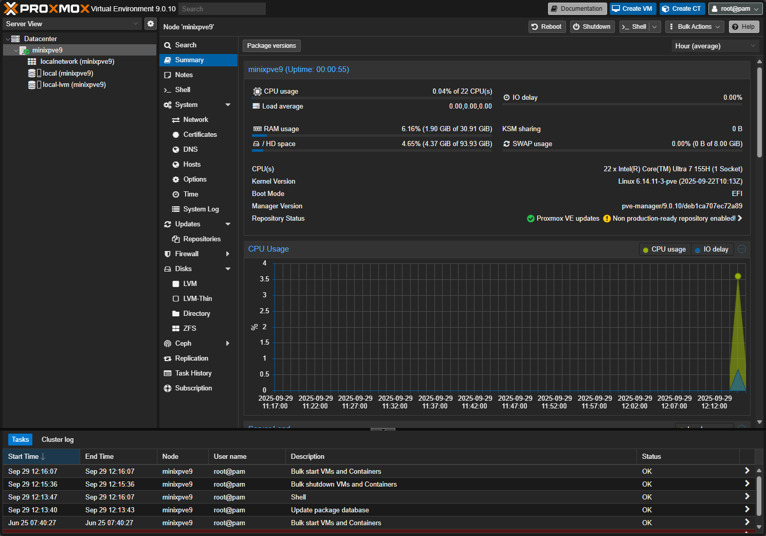 Proxmox ve server 9 running on the minix eu715 ai mini pc