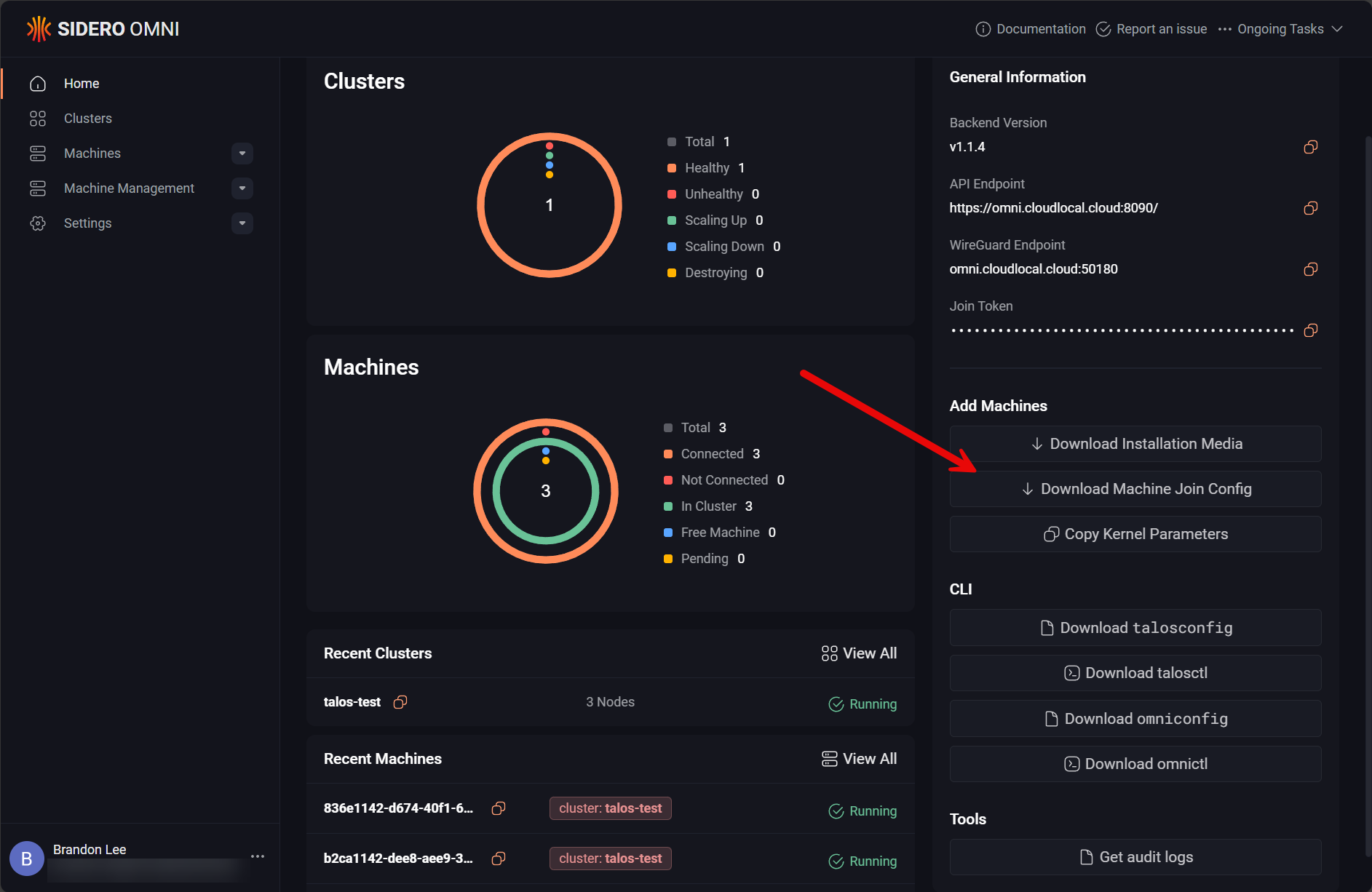 Viewing the omni dashboard where you can download media tools & logs