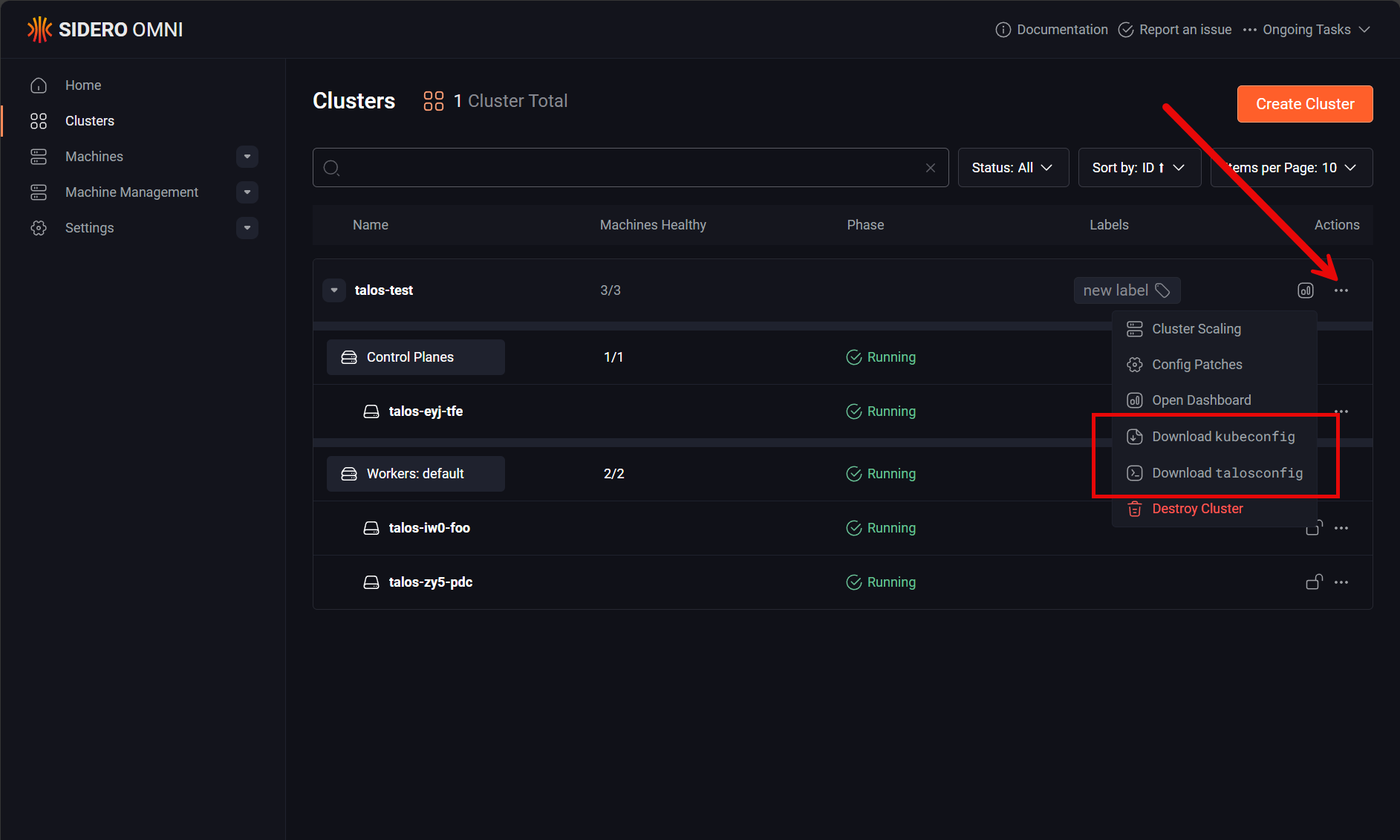 Downloading the kubeconfig and talosconfig files