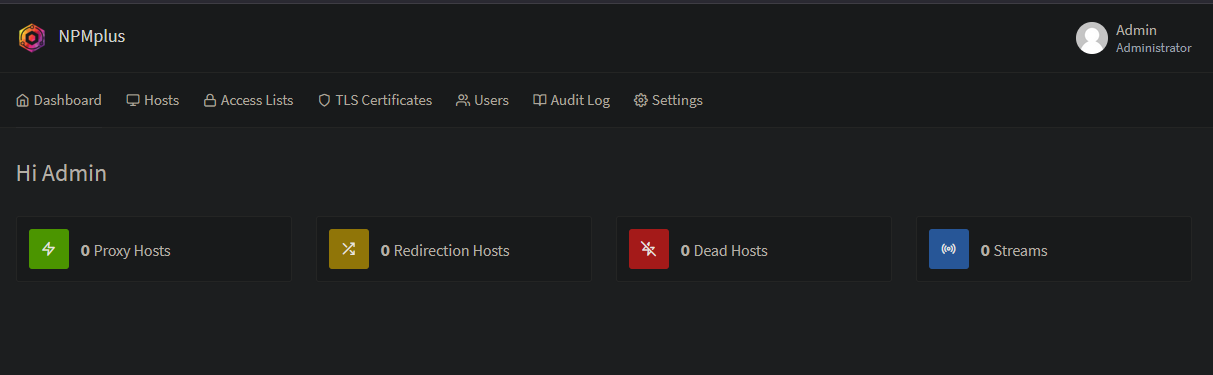 Npmplus dashboard after installation