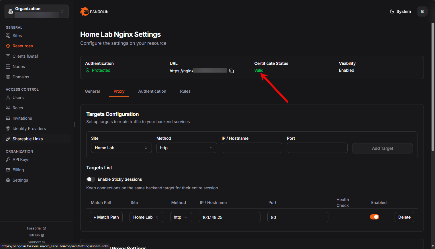 Pangolin provisions a new certificate for your domain name