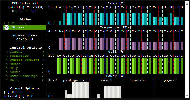 Running the linux stress utility and s tui to benchmark power draw