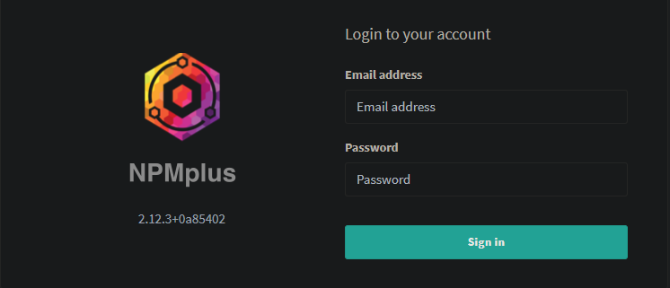 The npmplus admin panel login dialog box