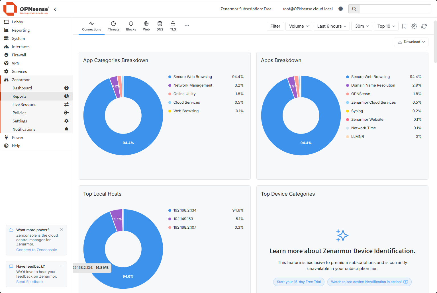 Zenarmor dashboard showing statistics in opnsense of self hosted traffic