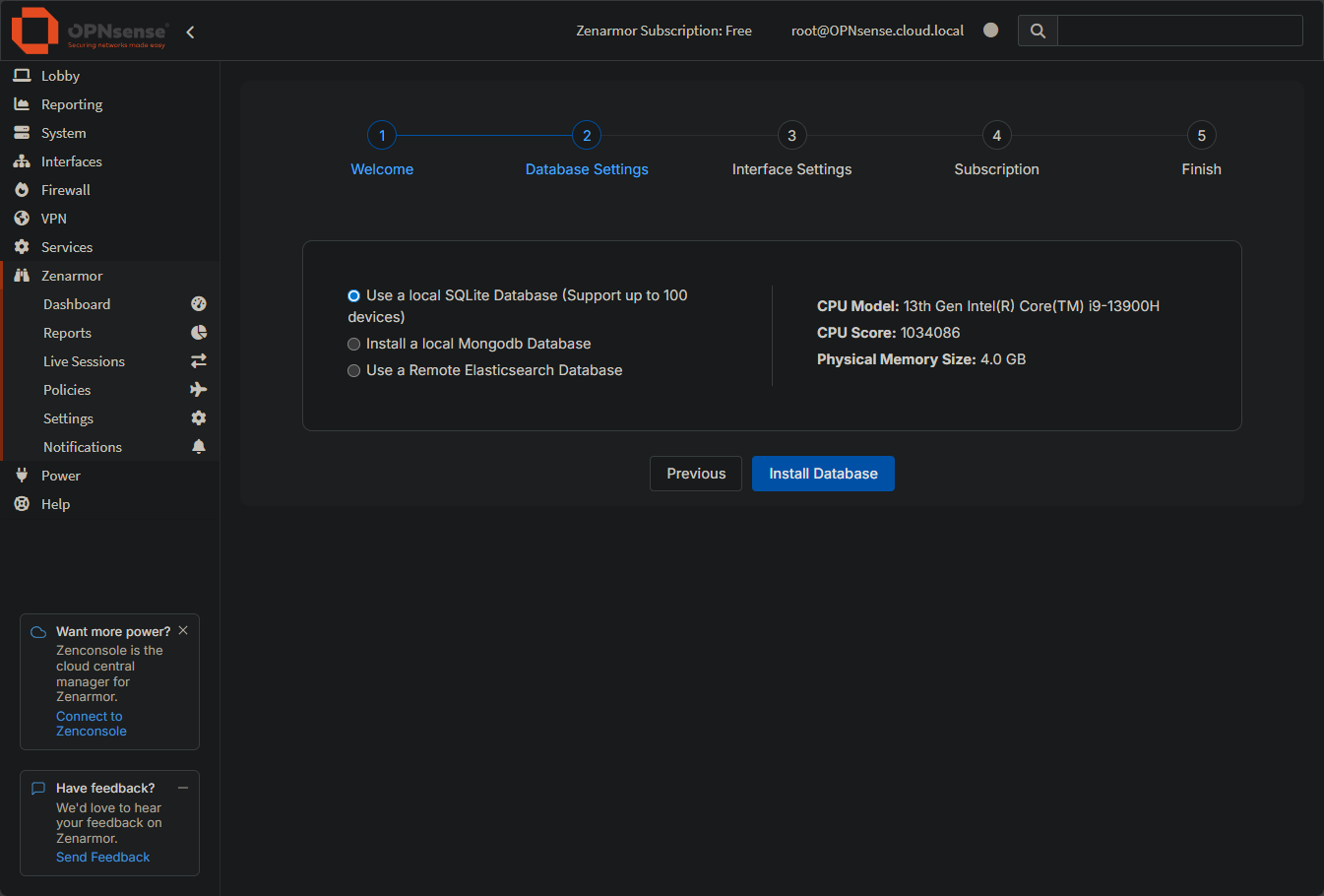 Configuring zenarmor database settings