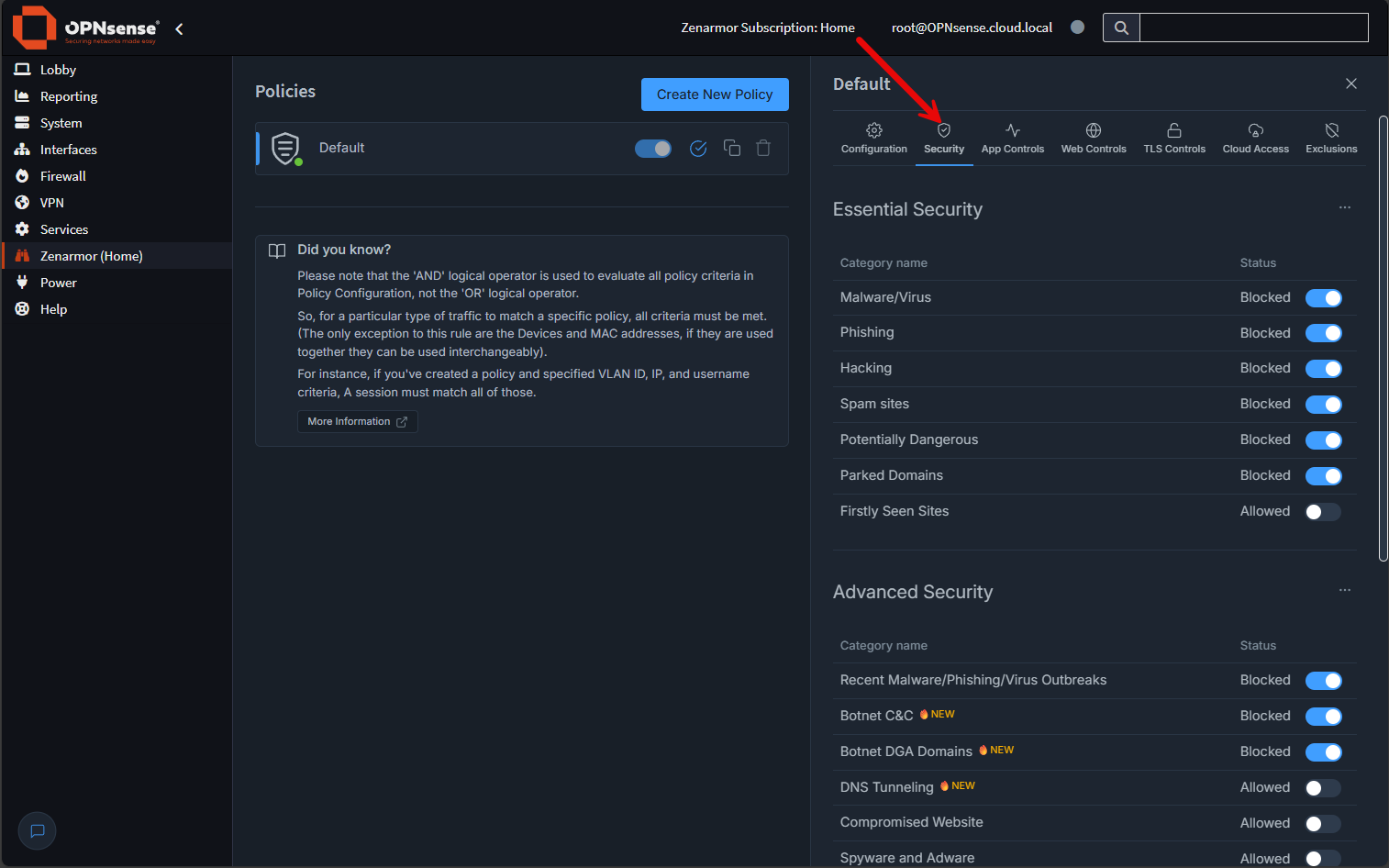 Essential security settings in zenarmor