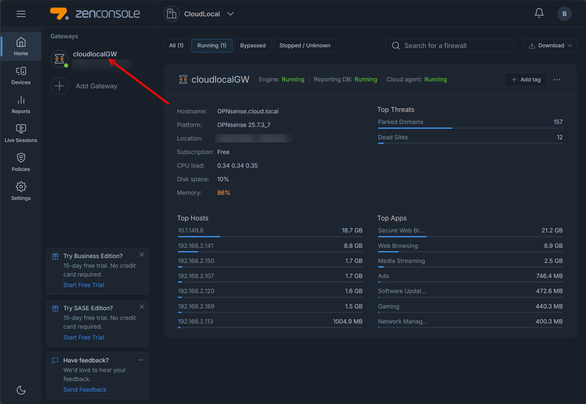 Gateway integration is completed and the zenarmor opnsense box is viewable in the console