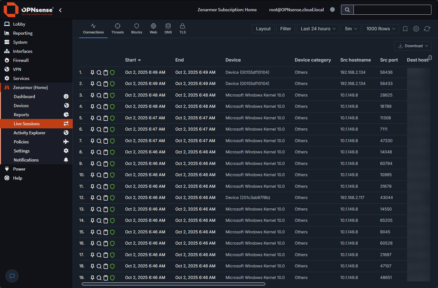 Live sessions in the zenarmor console